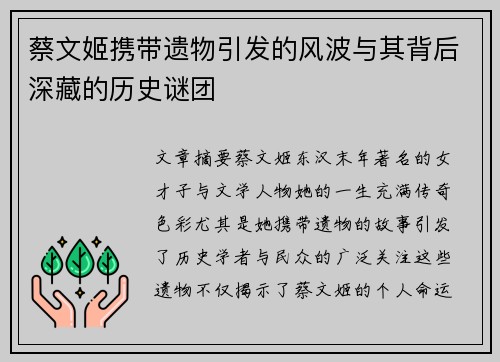 蔡文姬携带遗物引发的风波与其背后深藏的历史谜团