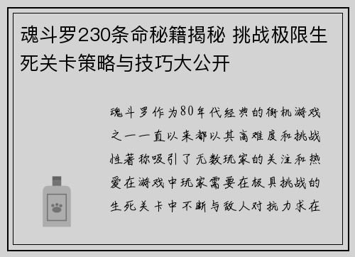 魂斗罗230条命秘籍揭秘 挑战极限生死关卡策略与技巧大公开 魂斗罗230条命秘籍揭秘 挑战极限生死关卡策略与技巧大公开